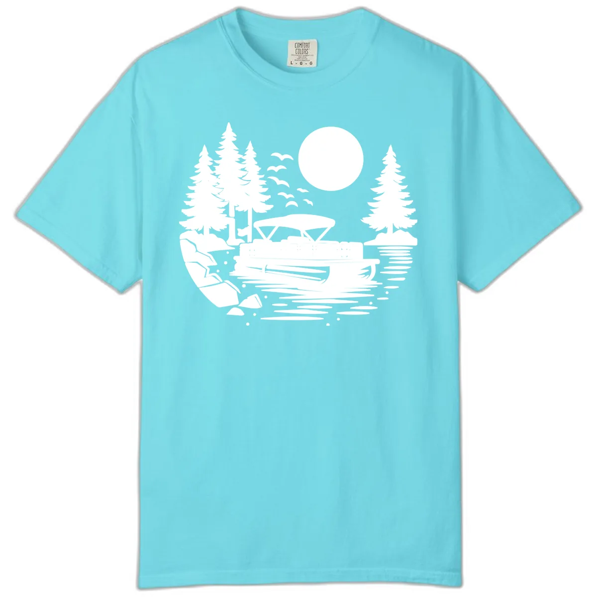 Pontoon Boat Sunset Scene Comfort Color in Lagoon Blue