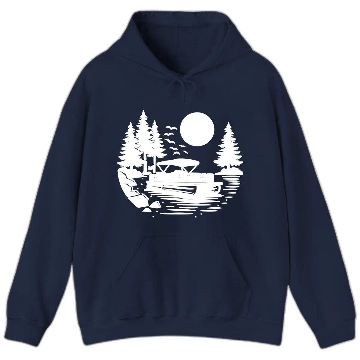 Pontoon Boat Sunset Scene Hoodie in Navy