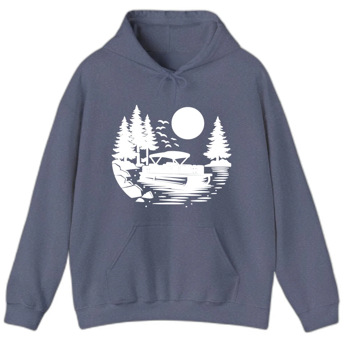 Pontoon Boat Sunset Scene Hoodie in Heather Navy