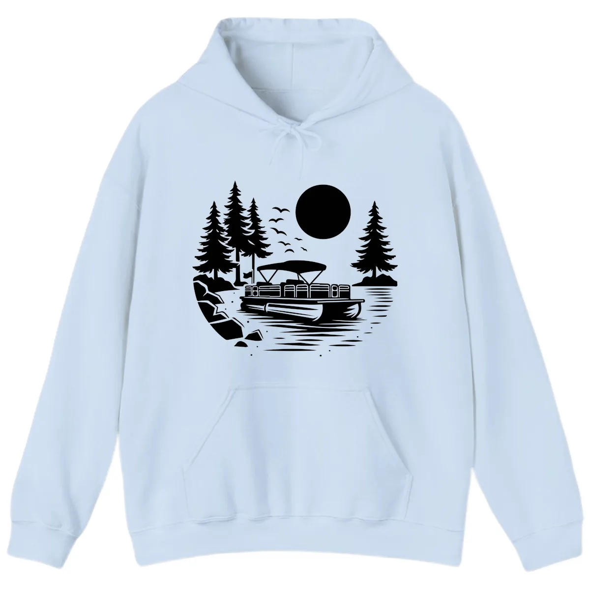 Pontoon Boat Sunset Scene Hoodie in Light Blue