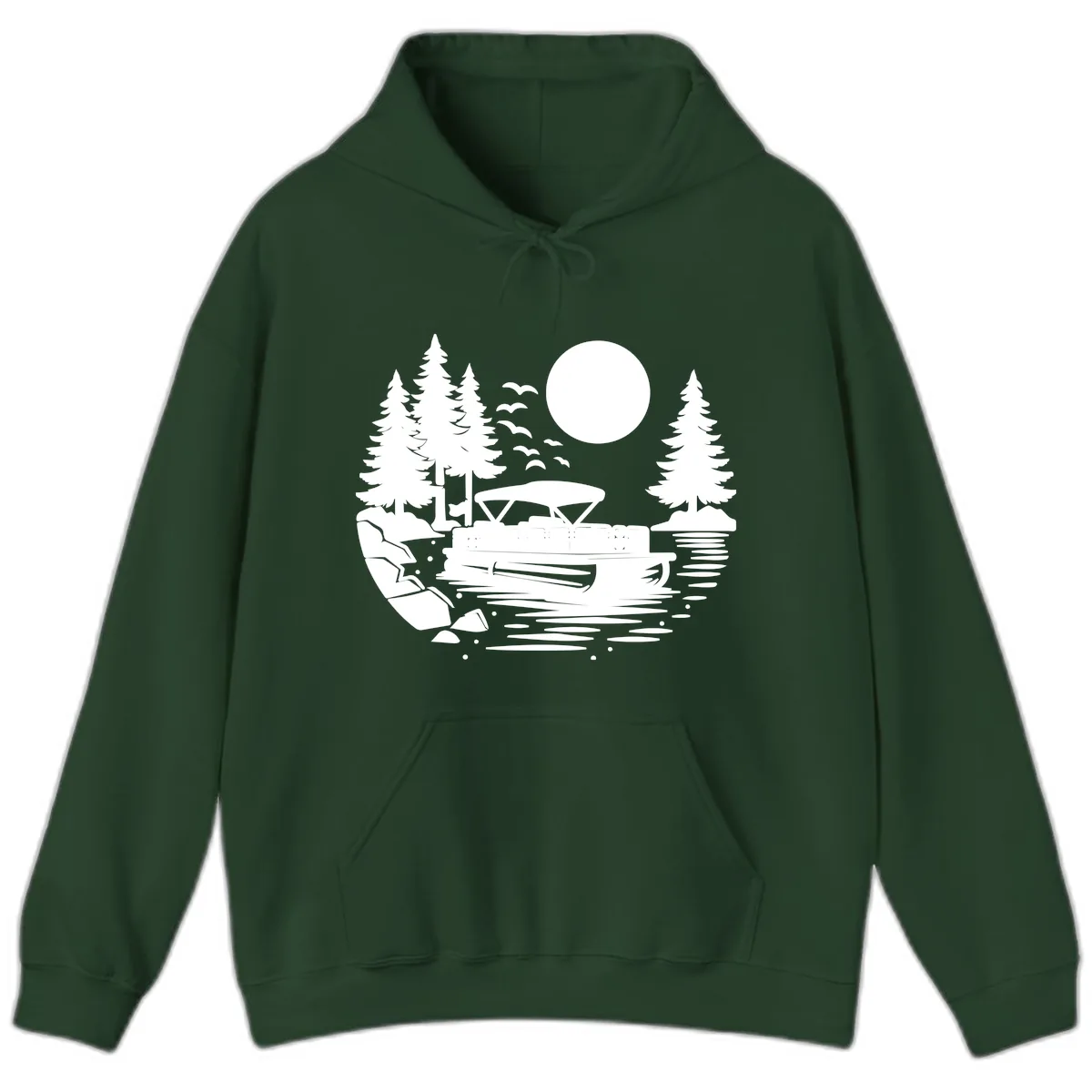Pontoon Boat Sunset Scene Hoodie in Forest Green