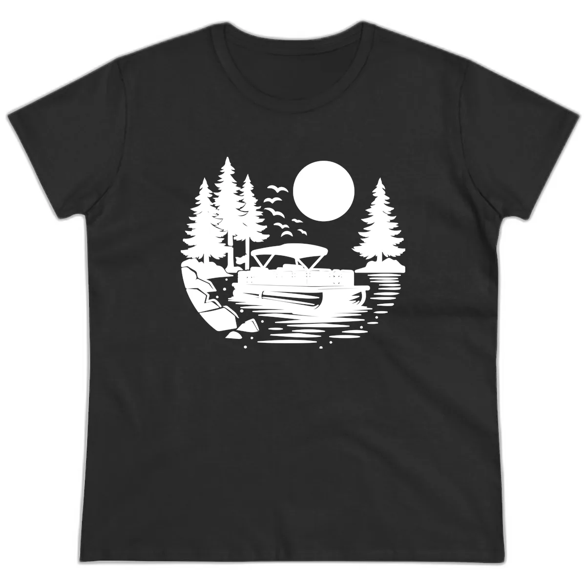 Pontoon Boat Sunset Scene Ladies Tee in Black