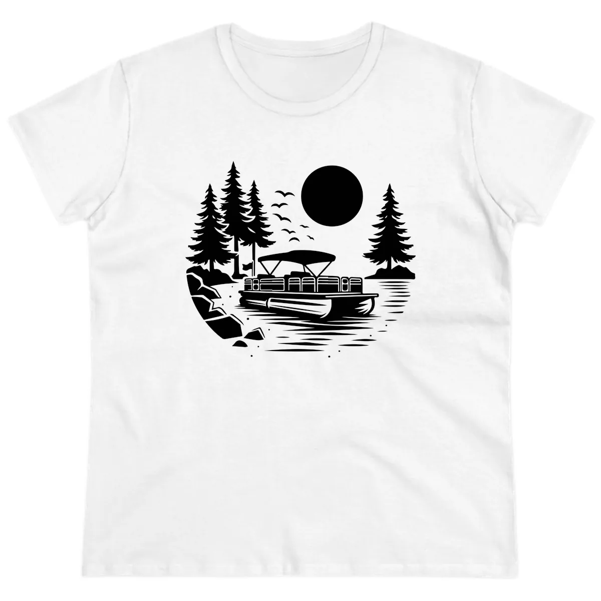 Pontoon Boat Sunset Scene Ladies Tee in White