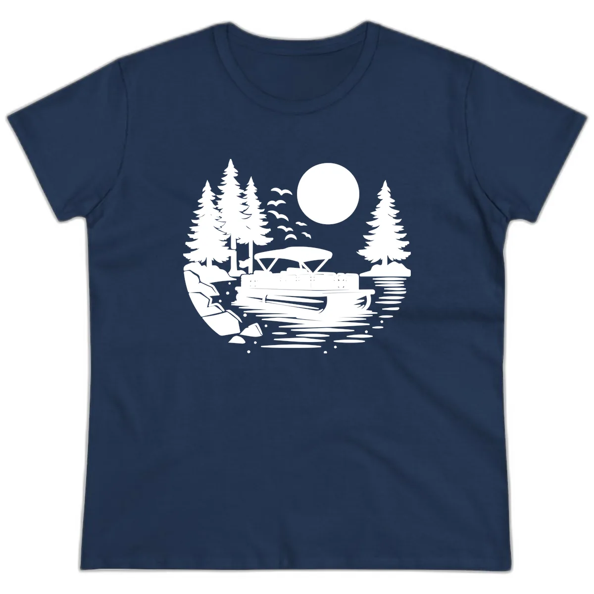 Pontoon Boat Sunset Scene Ladies Tee in Navy