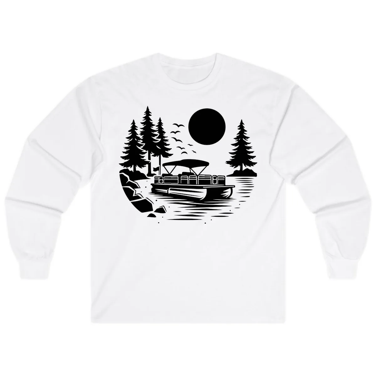 Pontoon Boat Sunset Scene Long Sleeve in White