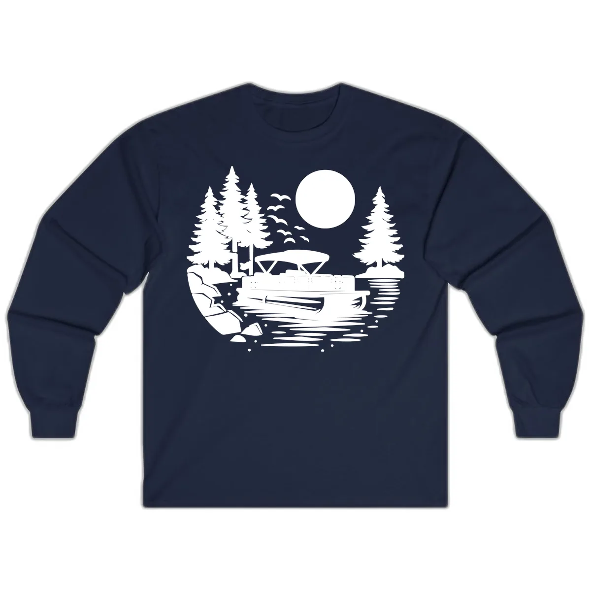 Pontoon Boat Sunset Scene Long Sleeve in Navy