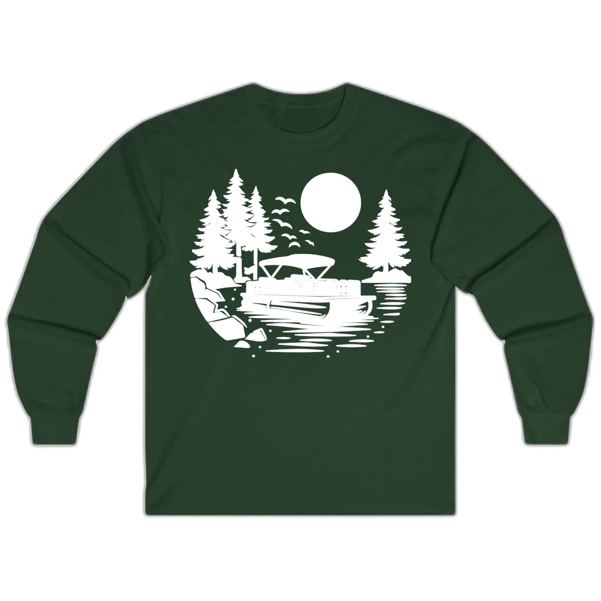 Pontoon Boat Sunset Scene Long Sleeve in Forest Green