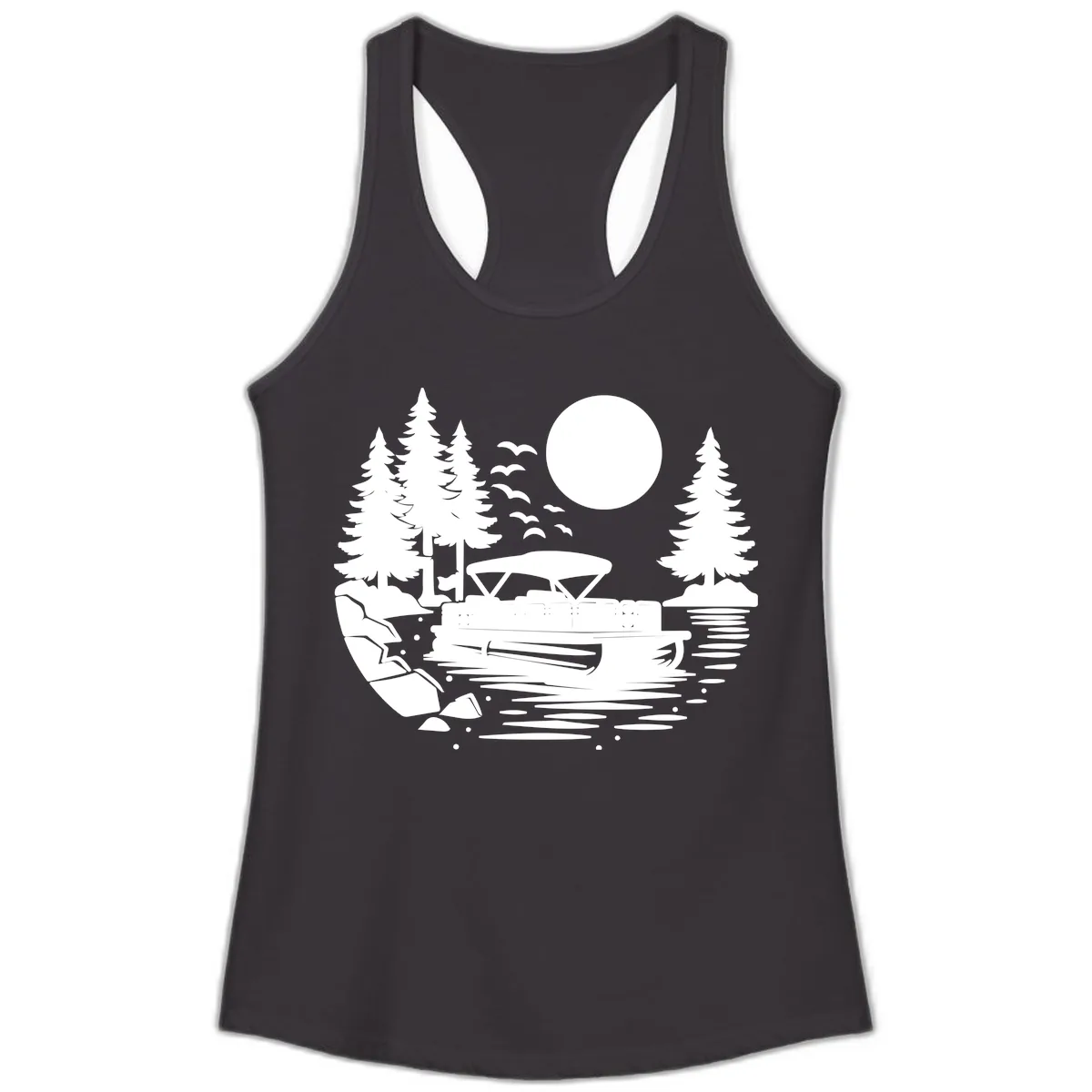 Pontoon Boat Sunset Scene Ladies Tank in Black