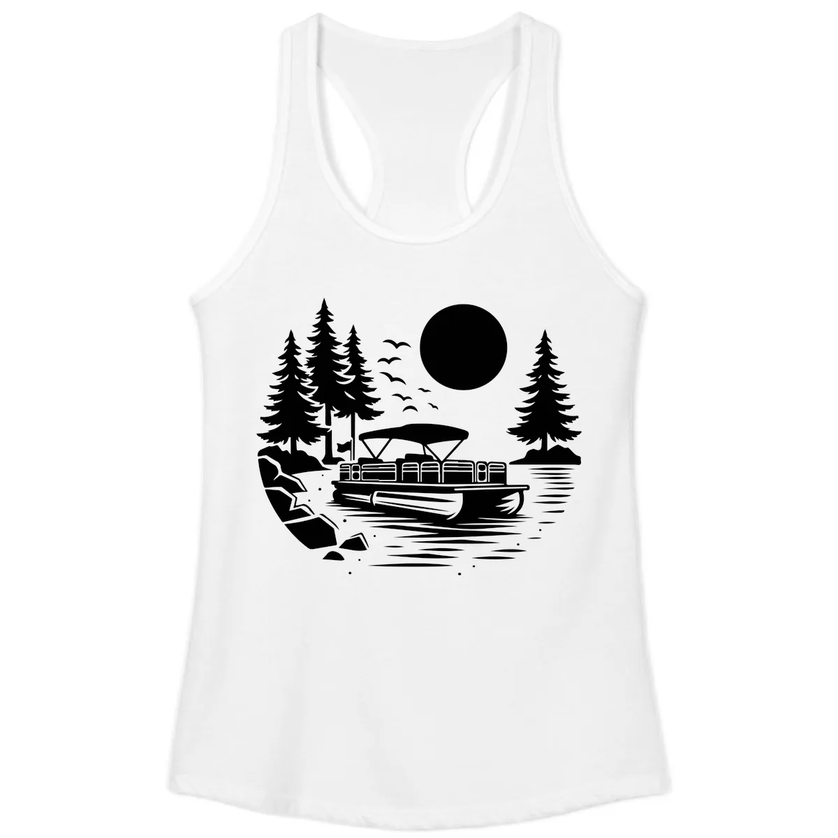 Pontoon Boat Sunset Scene Ladies Tank in White