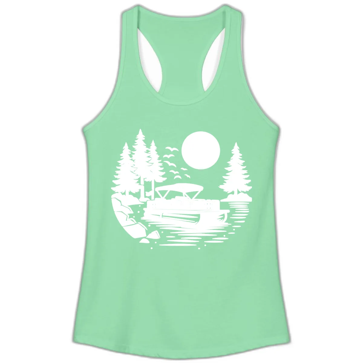 Pontoon Boat Sunset Scene Ladies Tank in Solid Mint