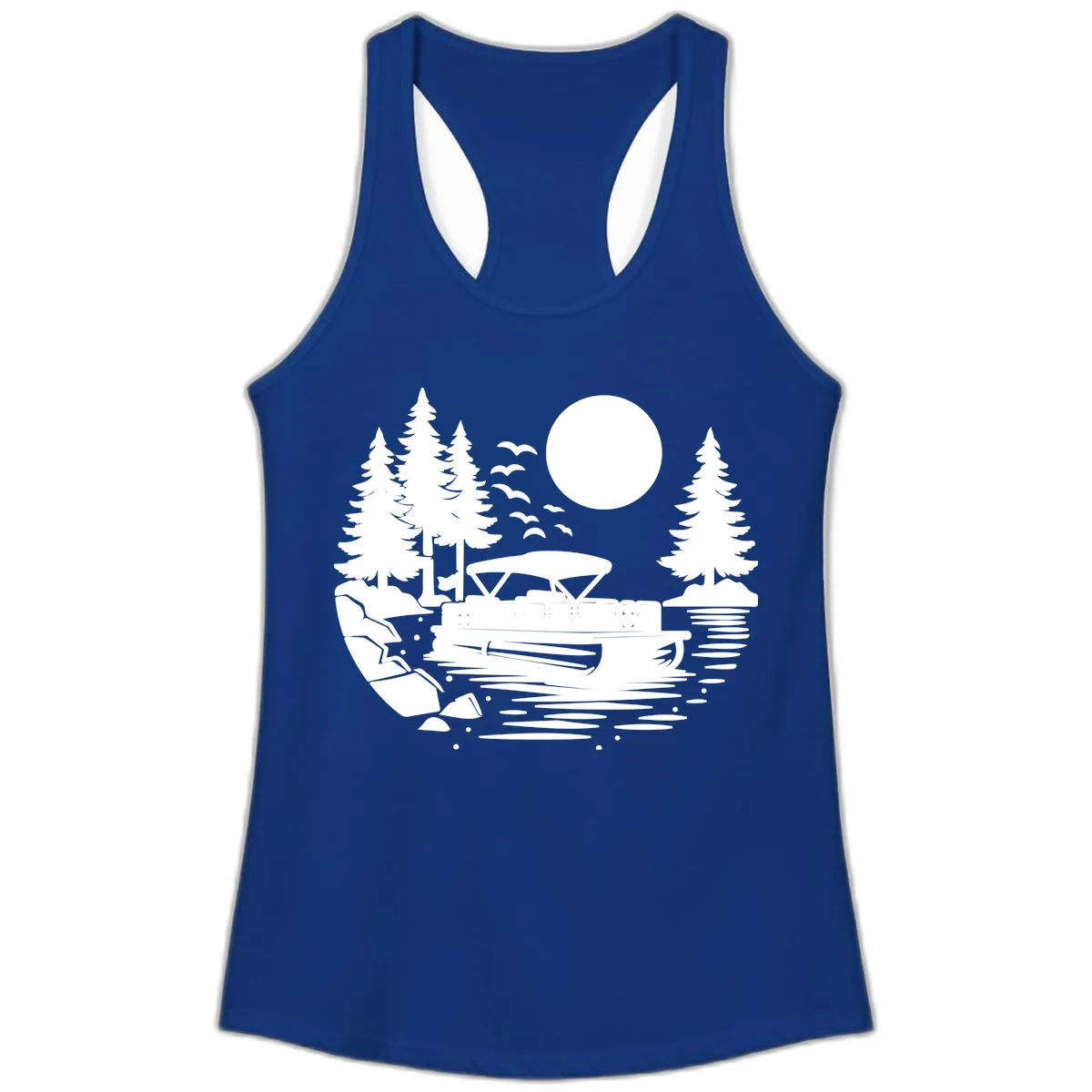 Pontoon Boat Sunset Scene Ladies Tank in Solid Royal