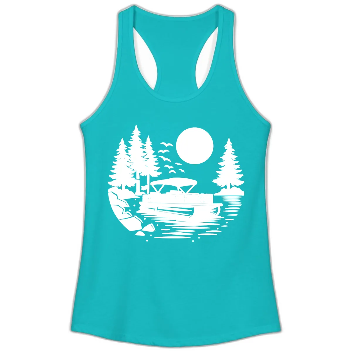 Pontoon Boat Sunset Scene Ladies Tank in Tahiti Blue