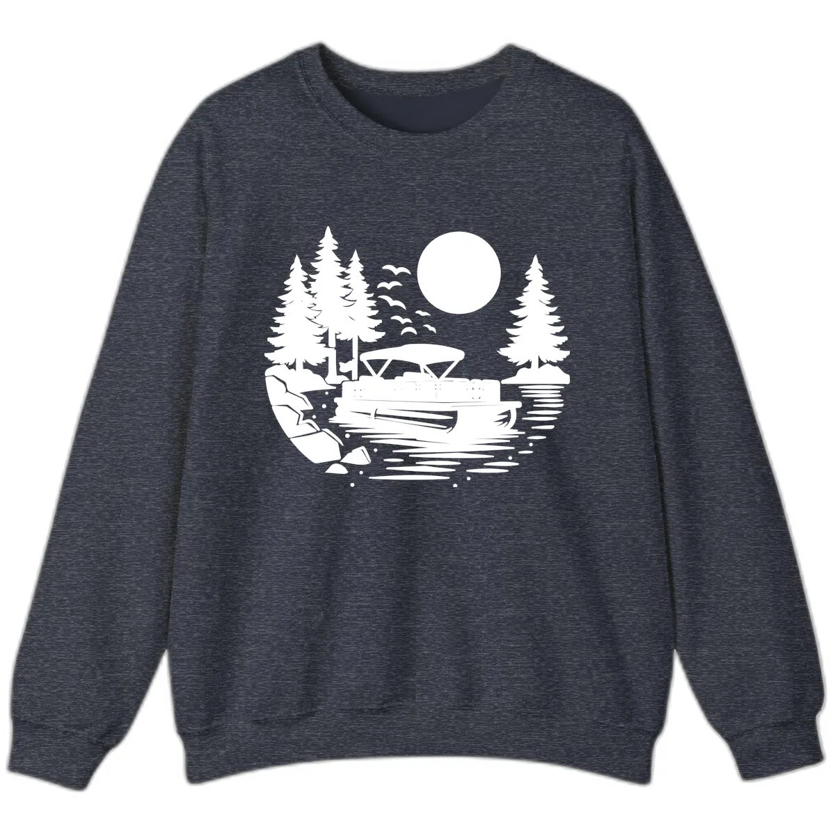 Pontoon Boat Sunset Scene Sweatshirt in Heather Sport Dark Navy