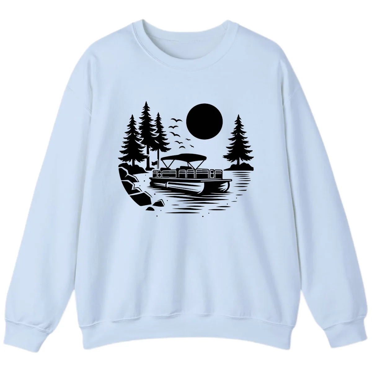 Pontoon Boat Sunset Scene Sweatshirt in Light Blue
