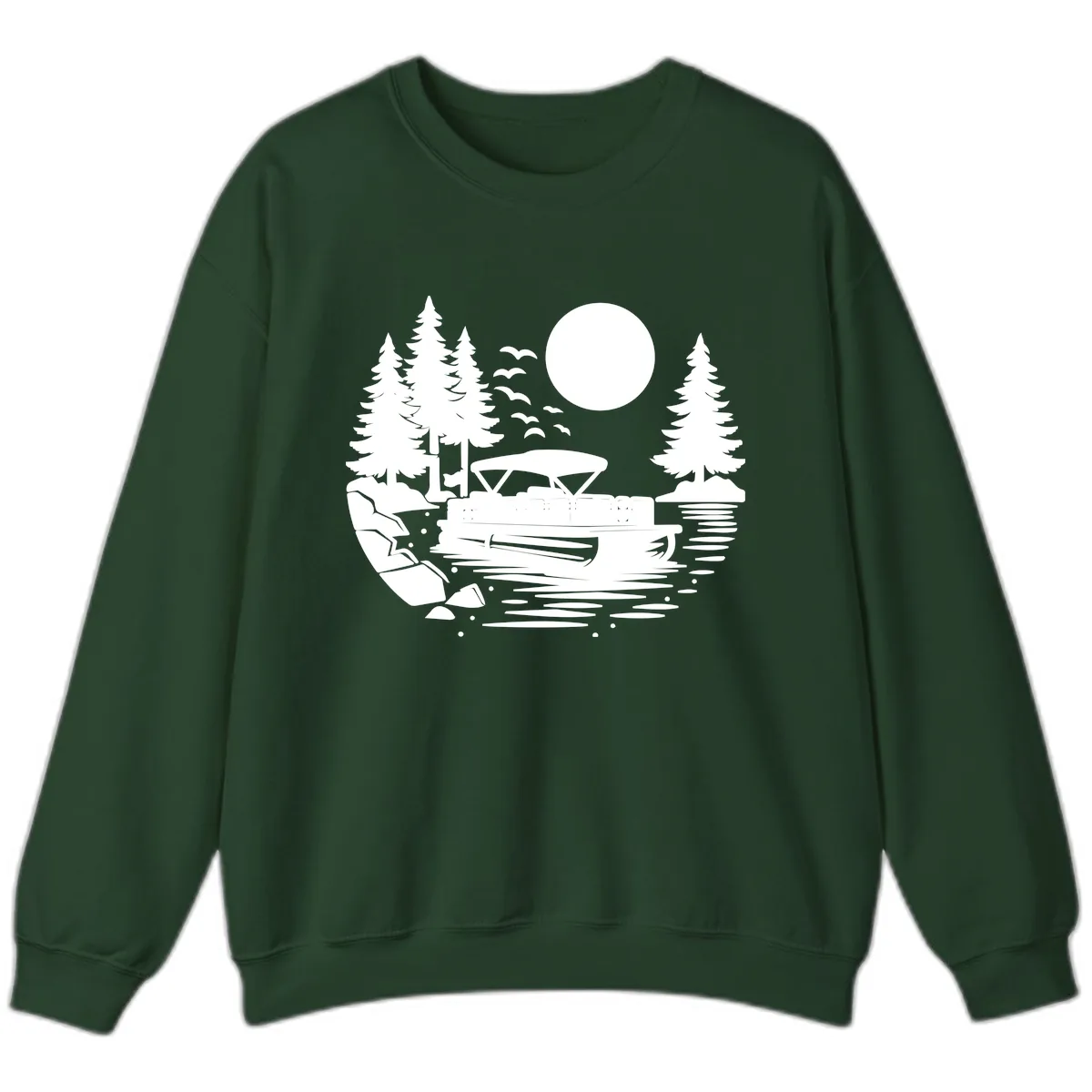 Pontoon Boat Sunset Scene Sweatshirt in Forest Green