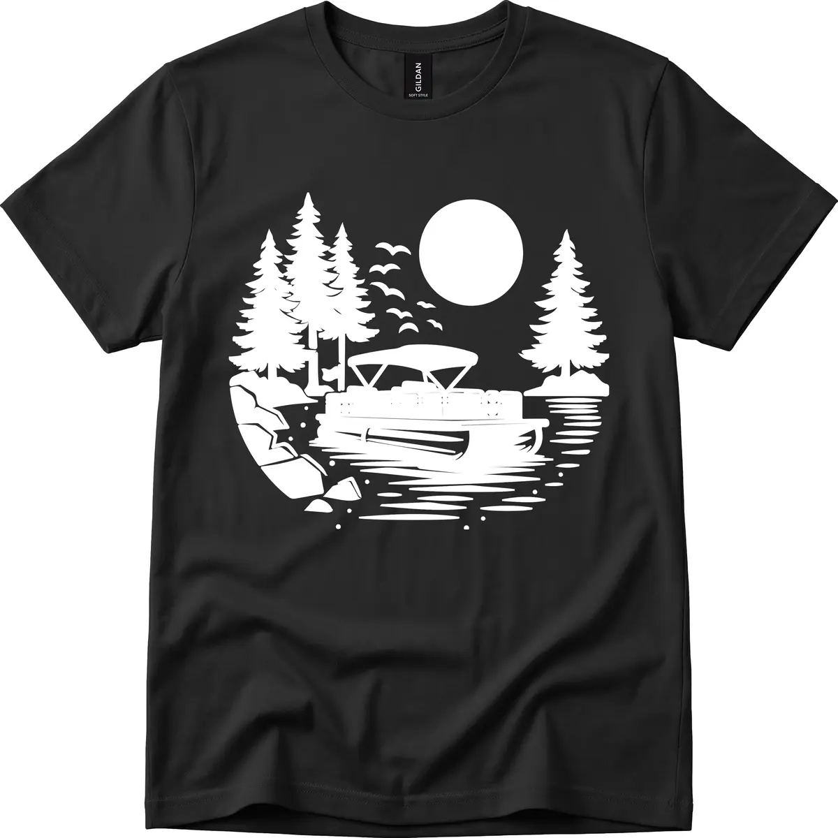 Pontoon Boat Sunset Scene T-Shirt in Black