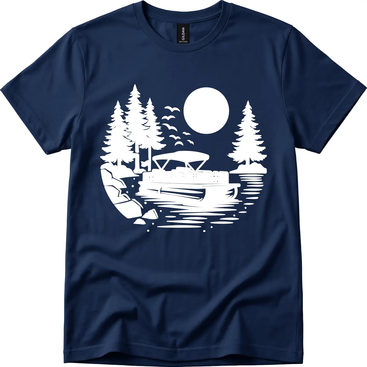 Pontoon Boat Sunset Scene T-Shirt in Navy