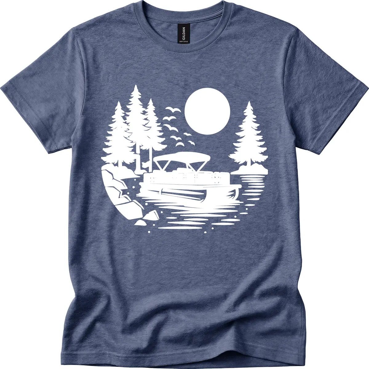 Pontoon Boat Sunset Scene T-Shirt in Heather Navy