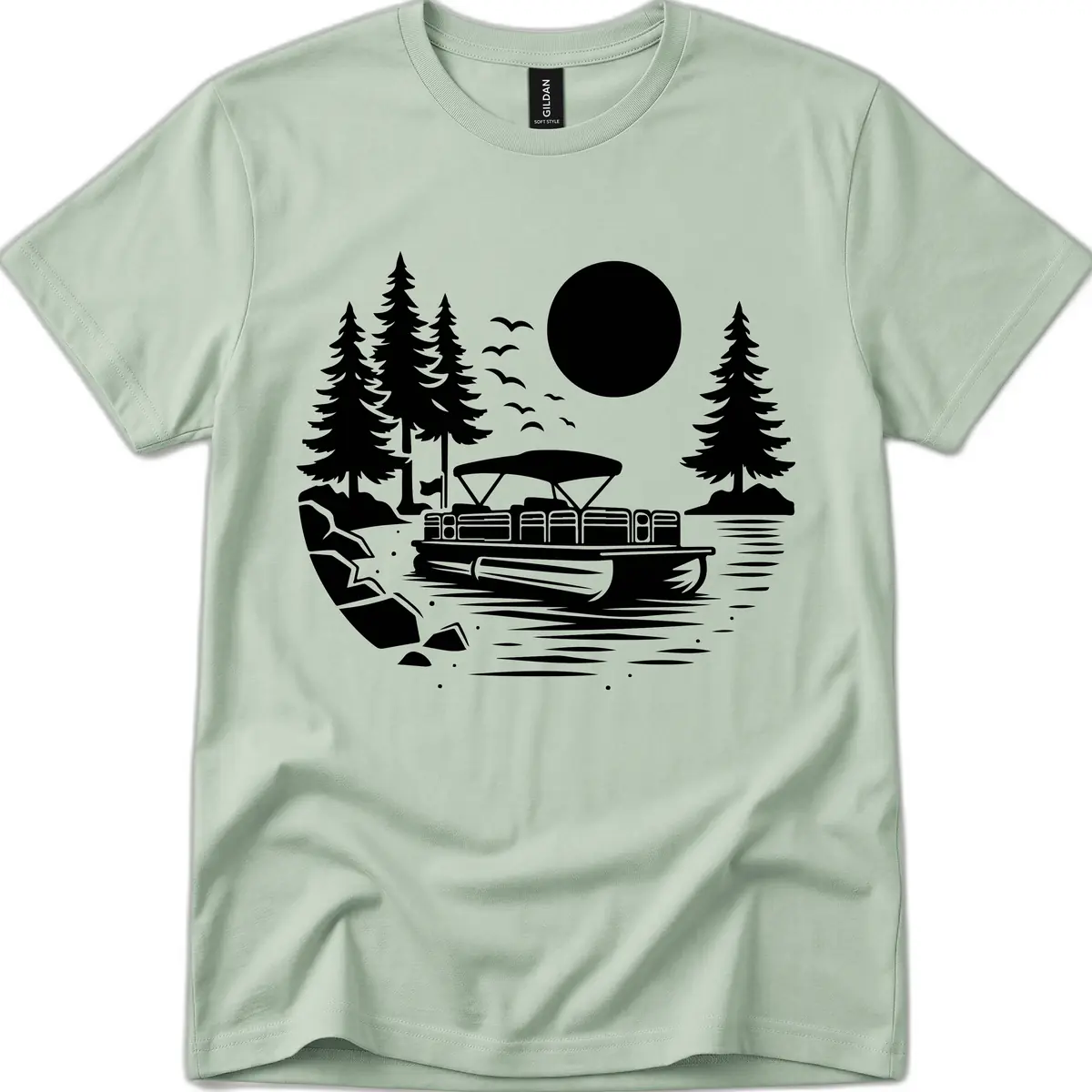 Pontoon Boat Sunset Scene T-Shirt in Sage