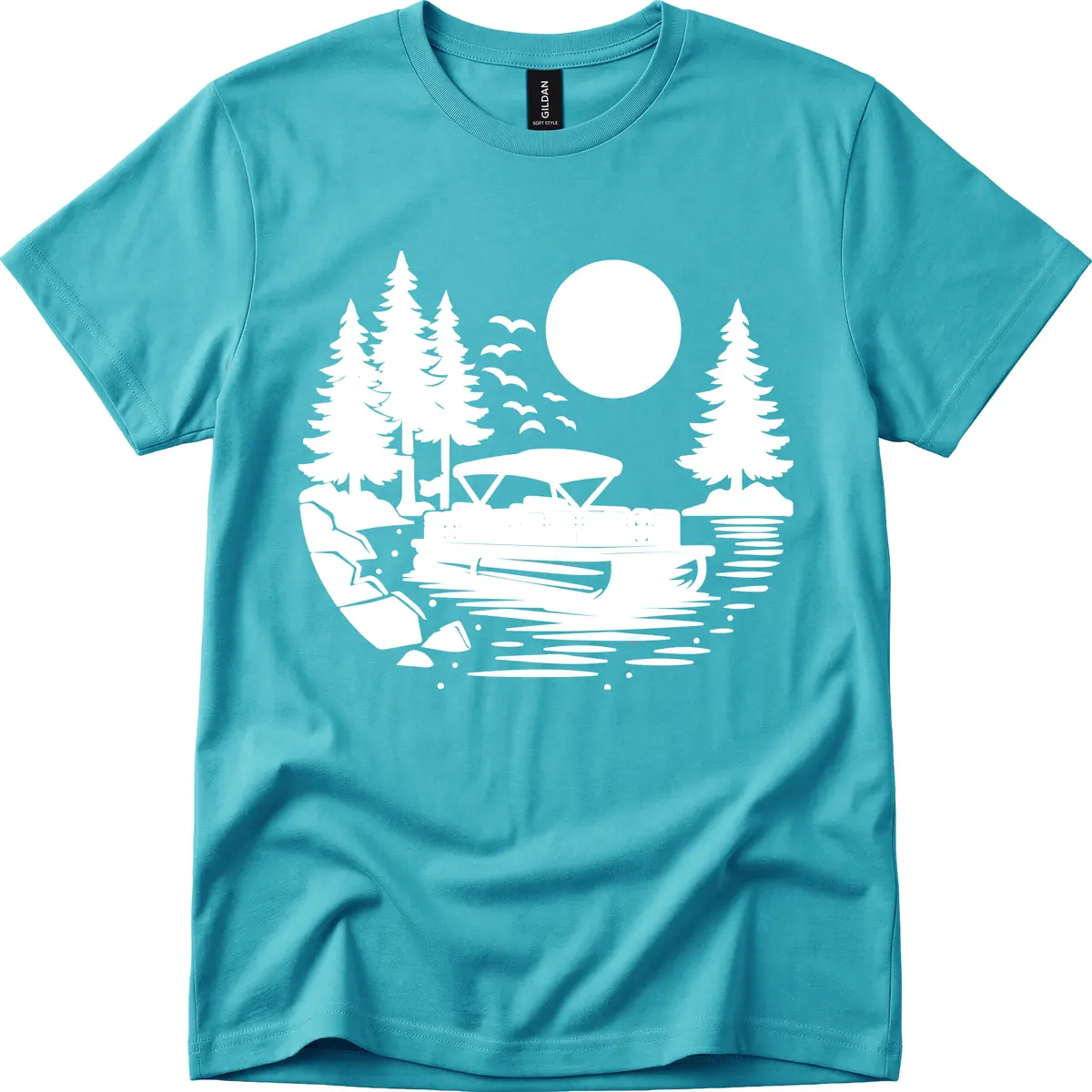 Pontoon Boat Sunset Scene T-Shirt in Tropical Blue