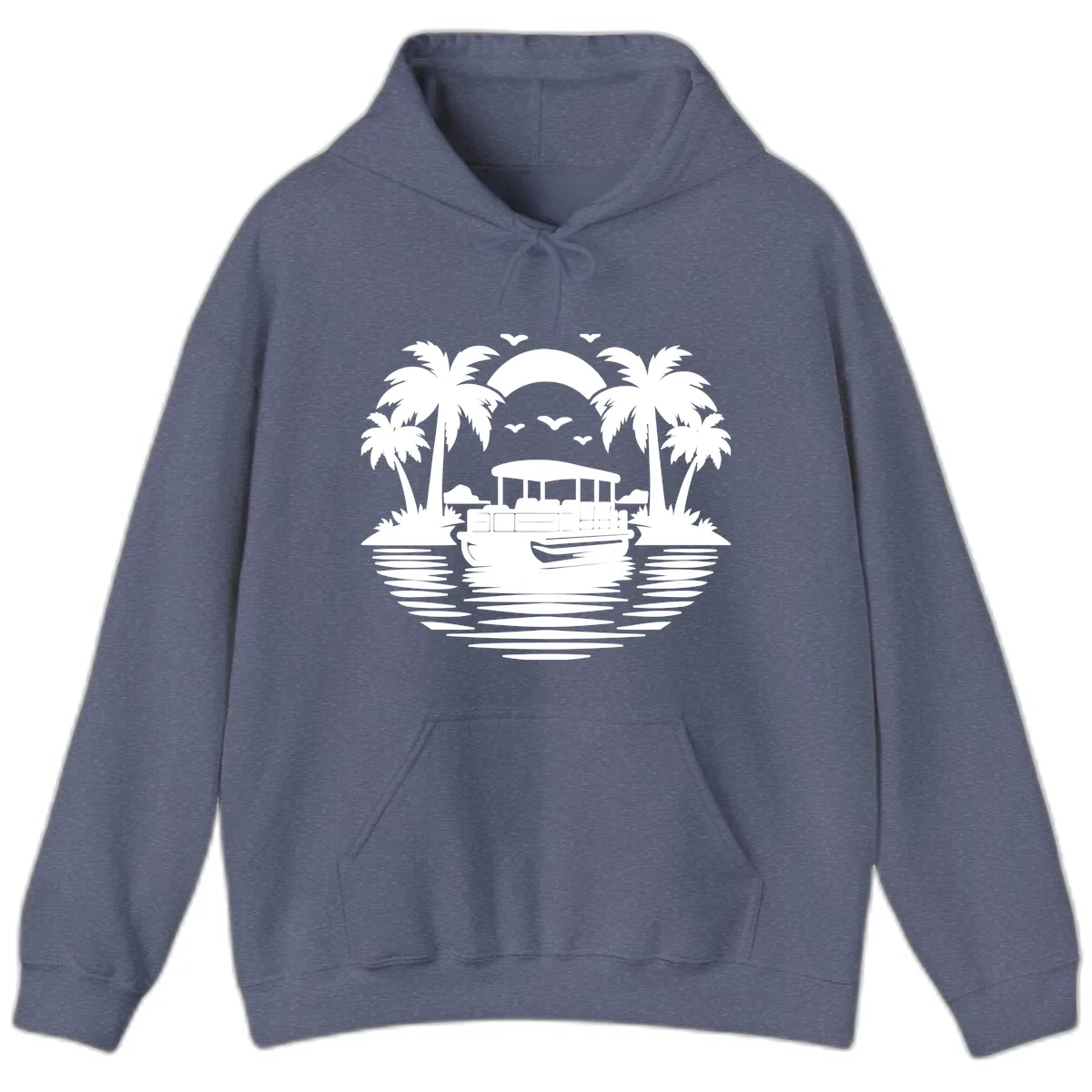 Pontoon Boat Tropical Sunset Hoodie in Heather Navy