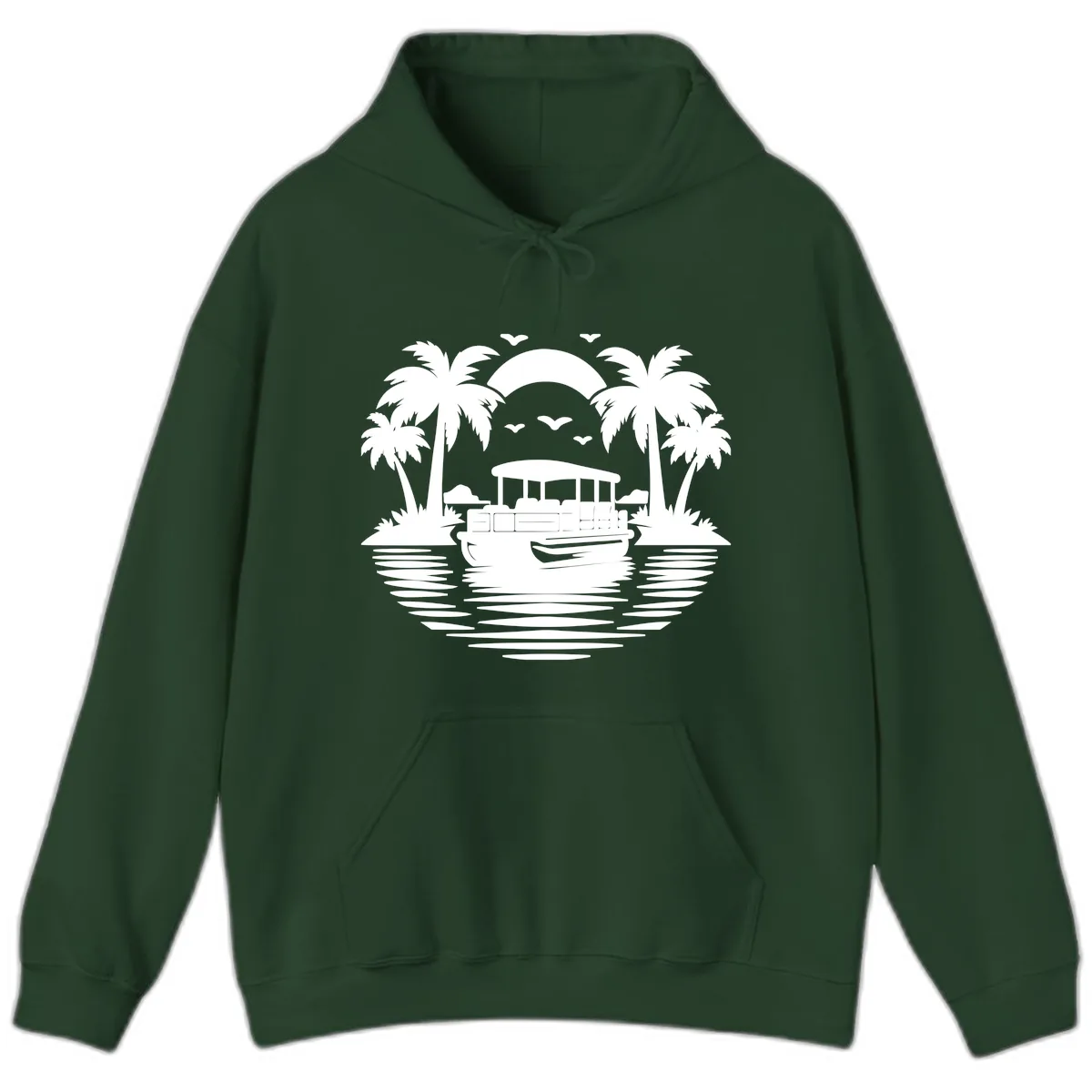 Pontoon Boat Tropical Sunset Hoodie in Forest Green
