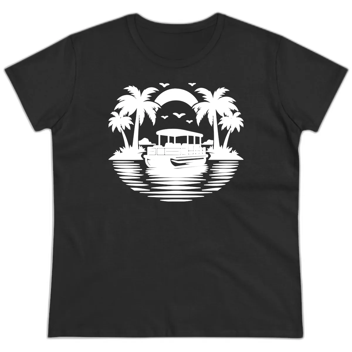 Pontoon Boat Tropical Sunset Ladies Tee in Black
