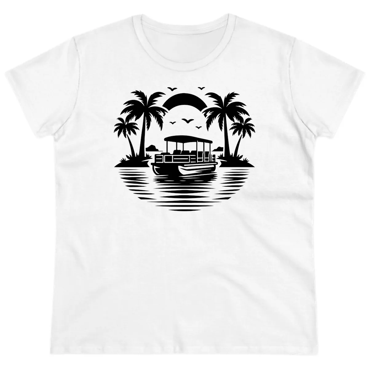 Pontoon Boat Tropical Sunset Ladies Tee in White