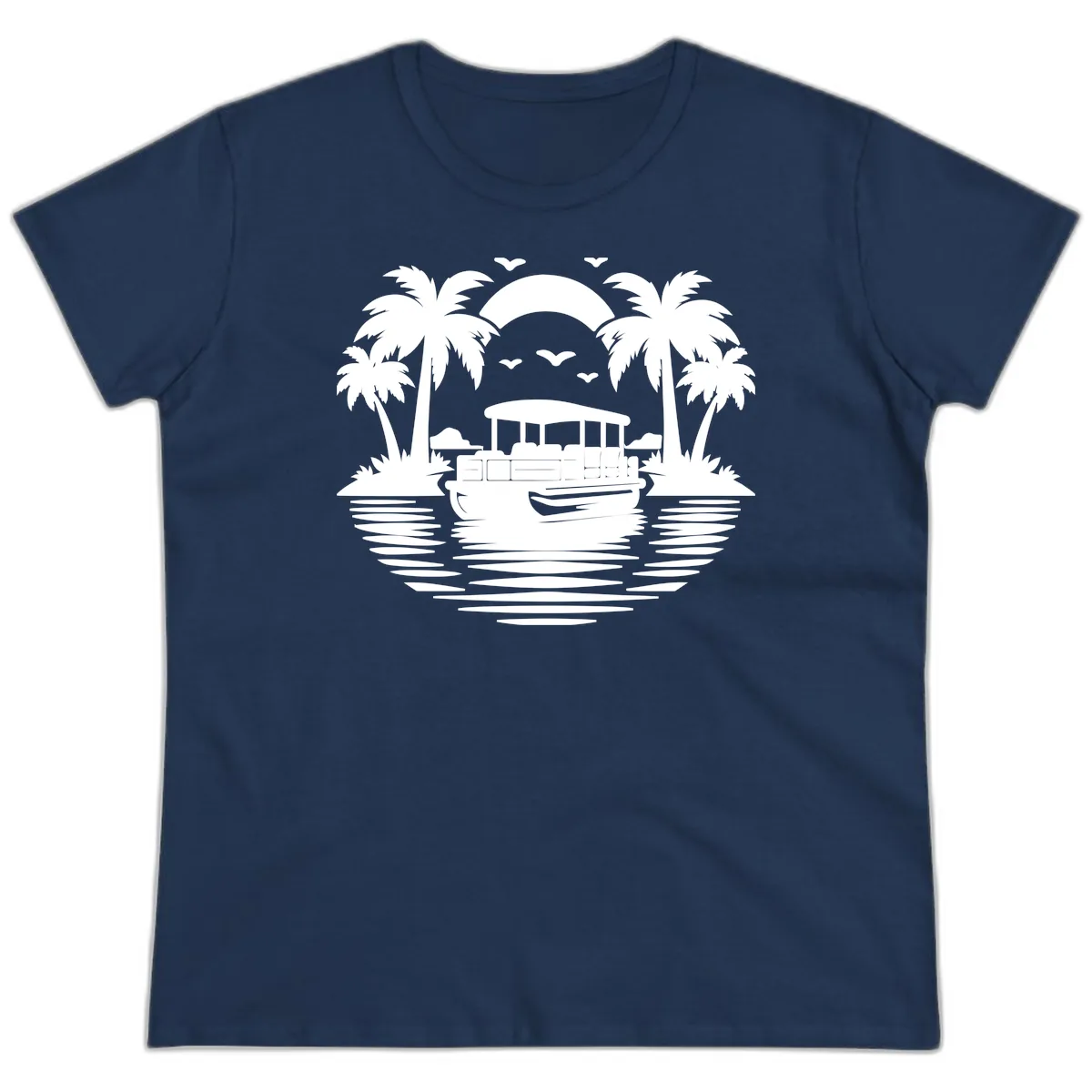 Pontoon Boat Tropical Sunset Ladies Tee in Navy