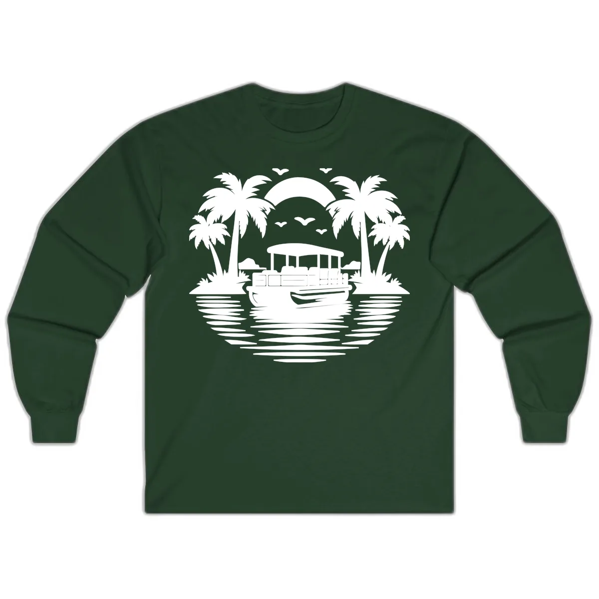 Pontoon Boat Tropical Sunset Long Sleeve in Forest Green