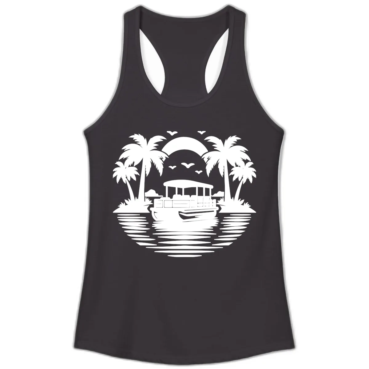 Pontoon Boat Tropical Sunset Ladies Tank in Black
