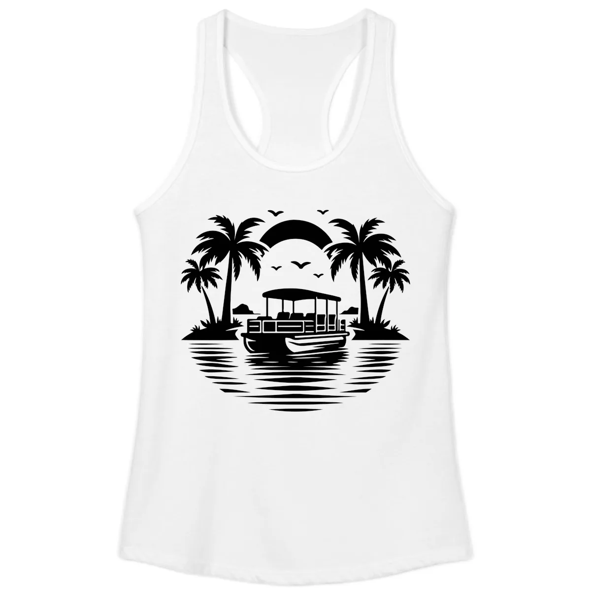 Pontoon Boat Tropical Sunset Ladies Tank in White