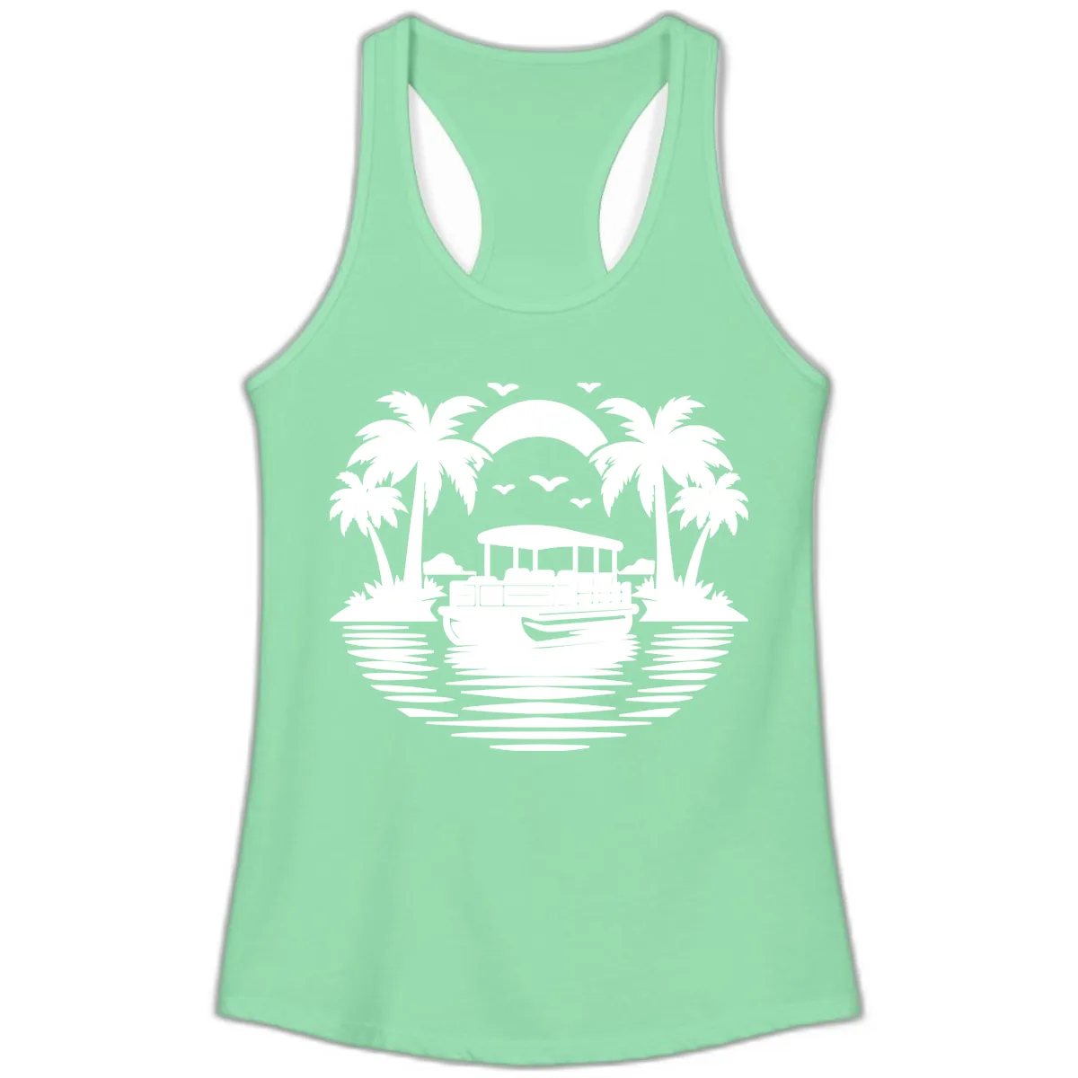 Pontoon Boat Tropical Sunset Ladies Tank in Solid Mint