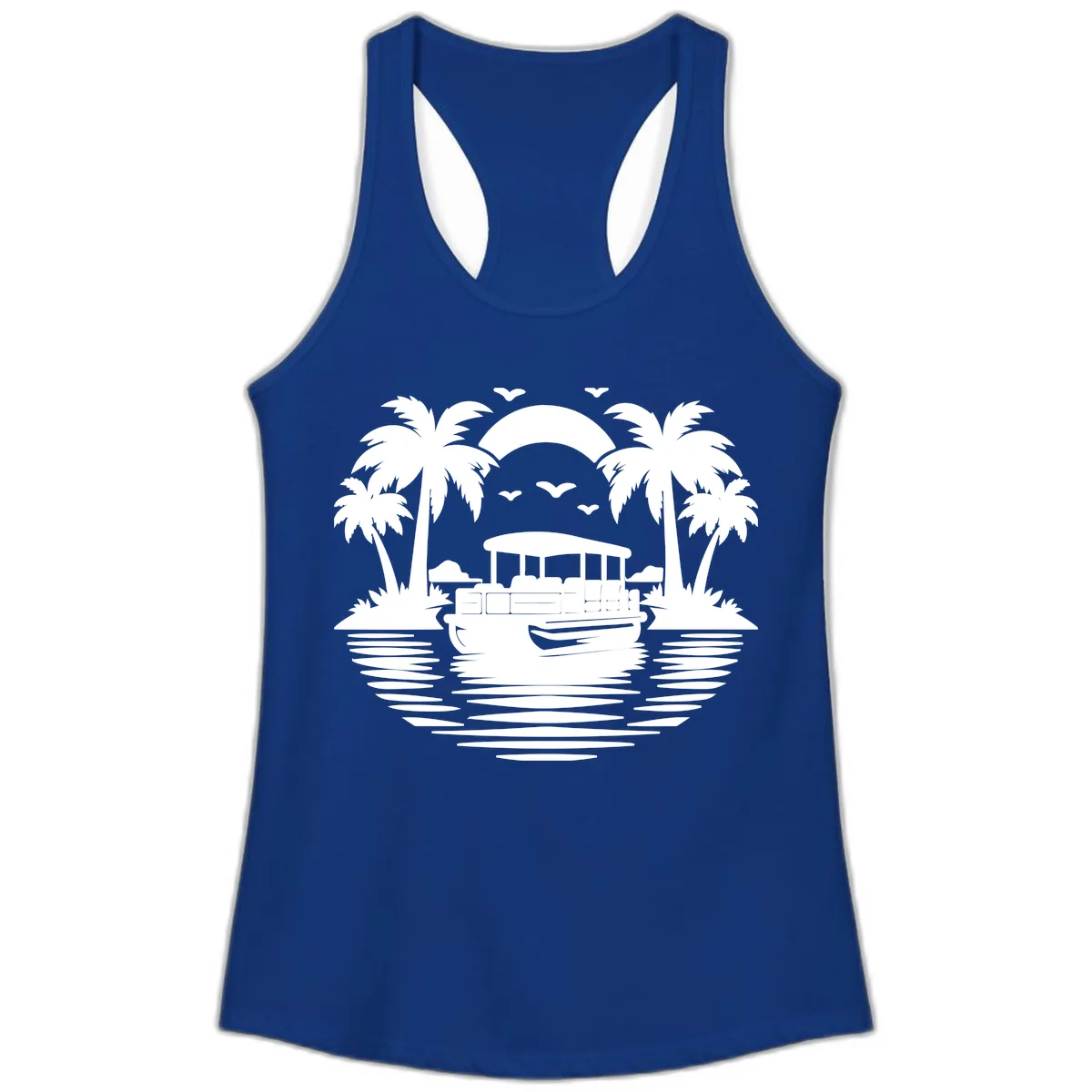 Pontoon Boat Tropical Sunset Ladies Tank in Solid Royal