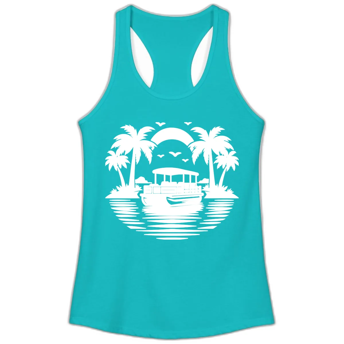 Pontoon Boat Tropical Sunset Ladies Tank in Tahiti Blue
