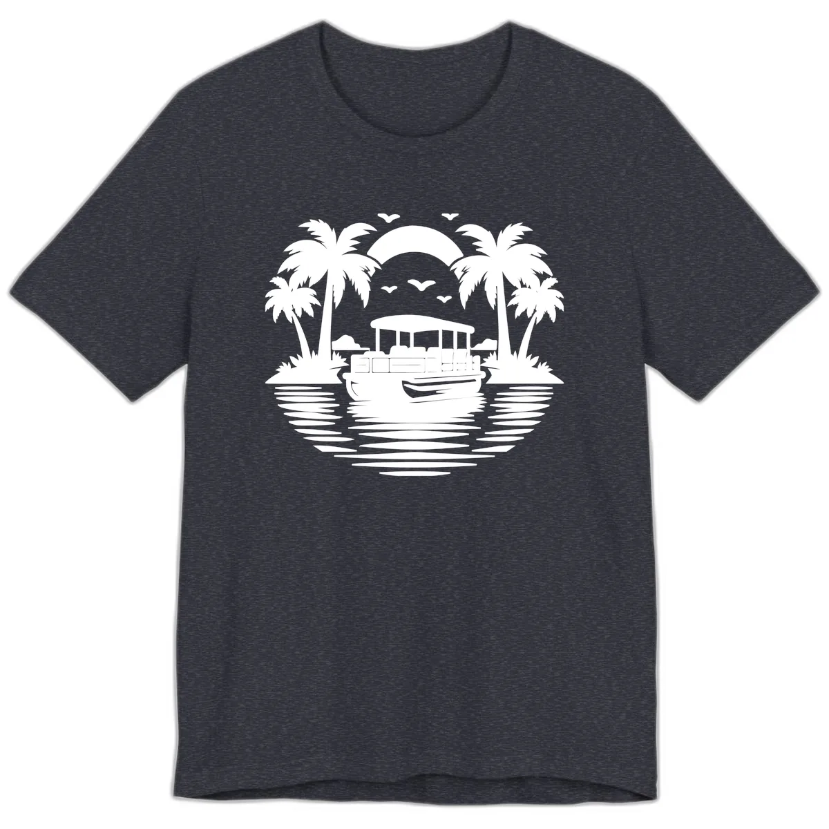 Pontoon Boat Tropical Sunset Premium T-Shirt in Heather Navy