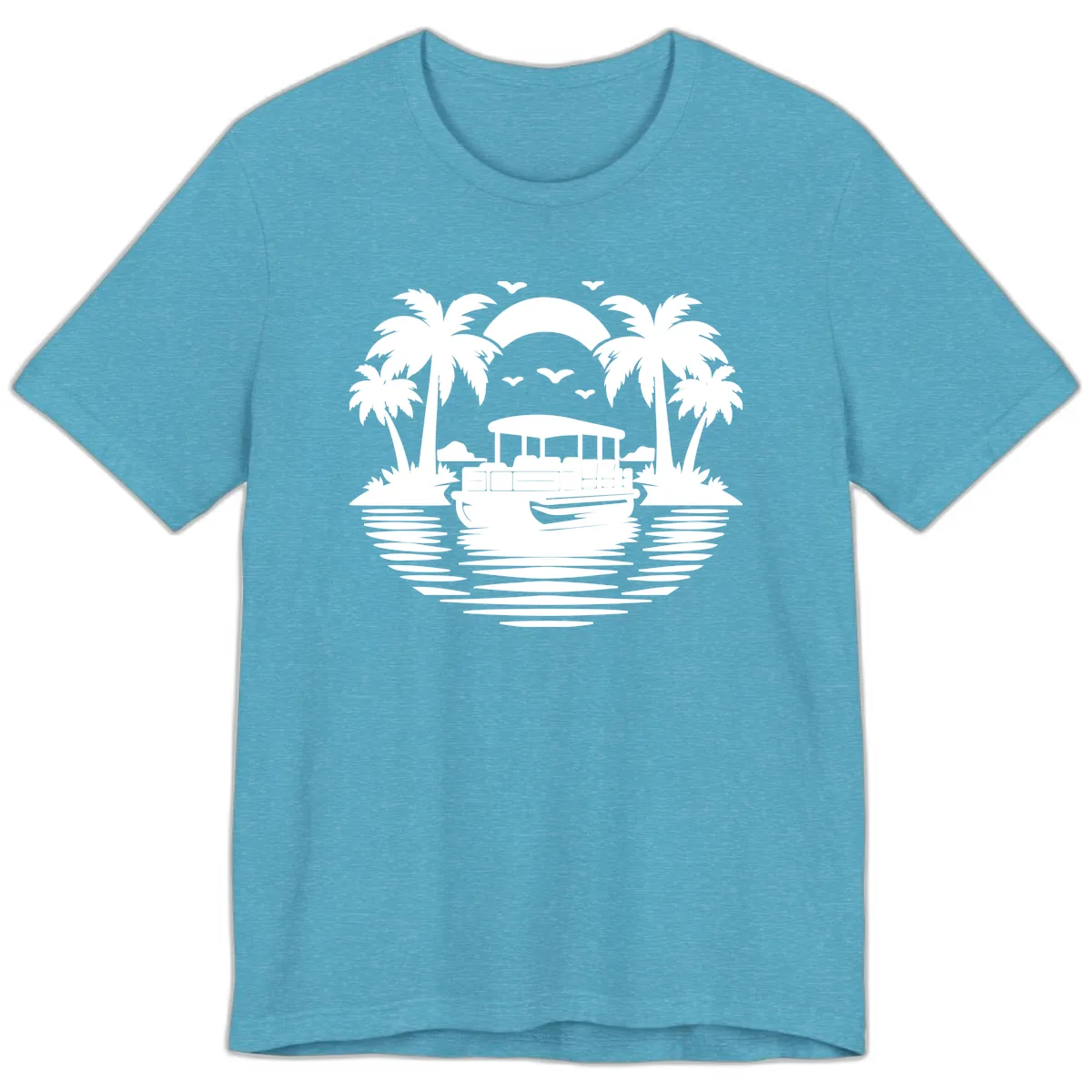 Pontoon Boat Tropical Sunset Premium T-Shirt in Heather Aqua