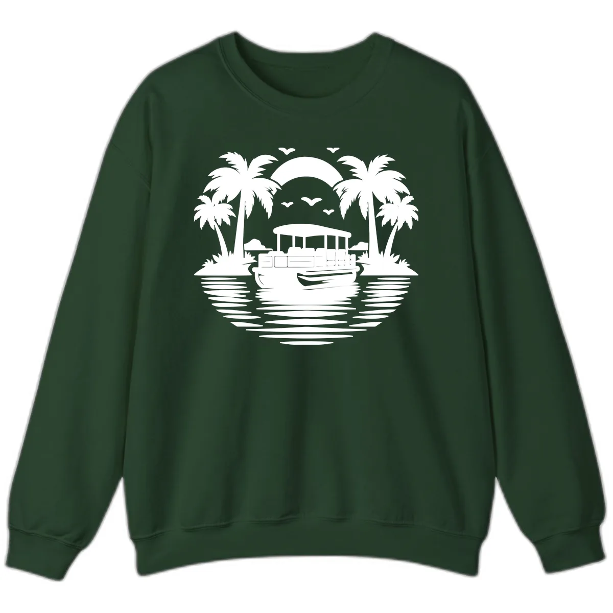Pontoon Boat Tropical Sunset Sweatshirt in Forest Green