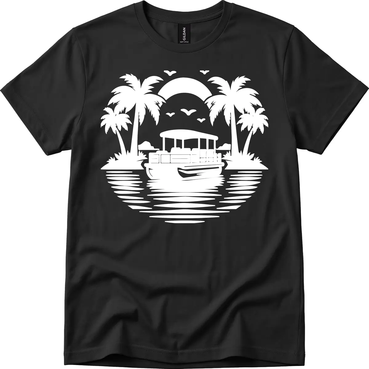 Pontoon Boat Tropical Sunset T-Shirt in Black