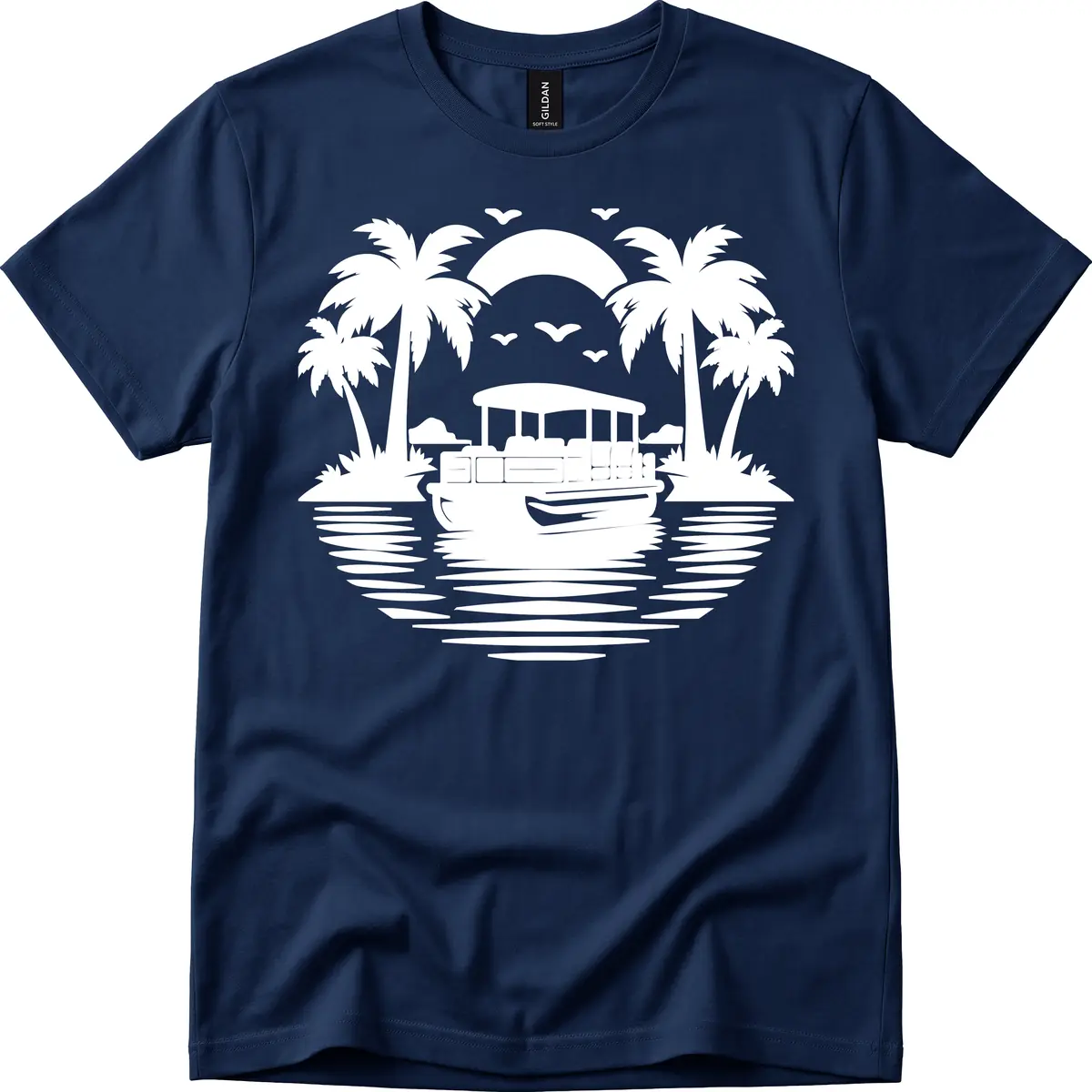 Pontoon Boat Tropical Sunset T-Shirt in Navy