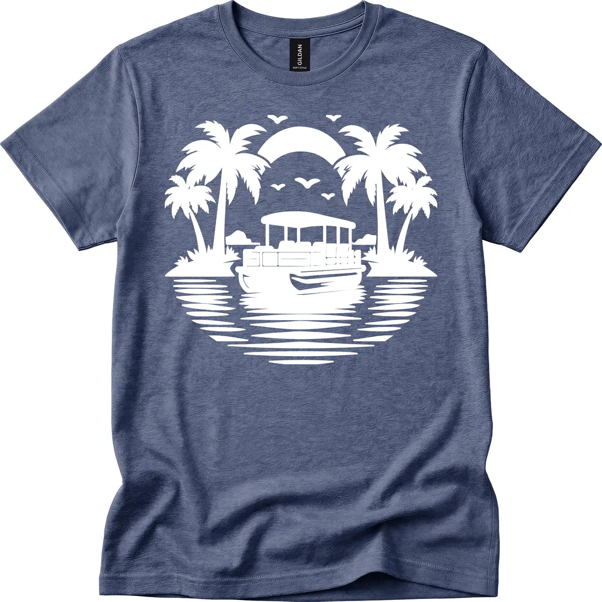 Pontoon Boat Tropical Sunset T-Shirt in Heather Navy