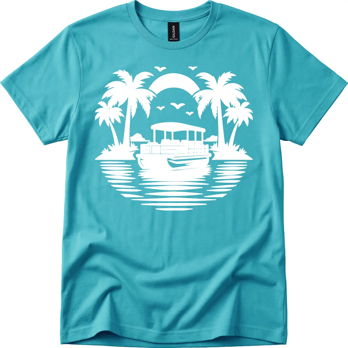 Pontoon Boat Tropical Sunset T-Shirt in Tropical Blue
