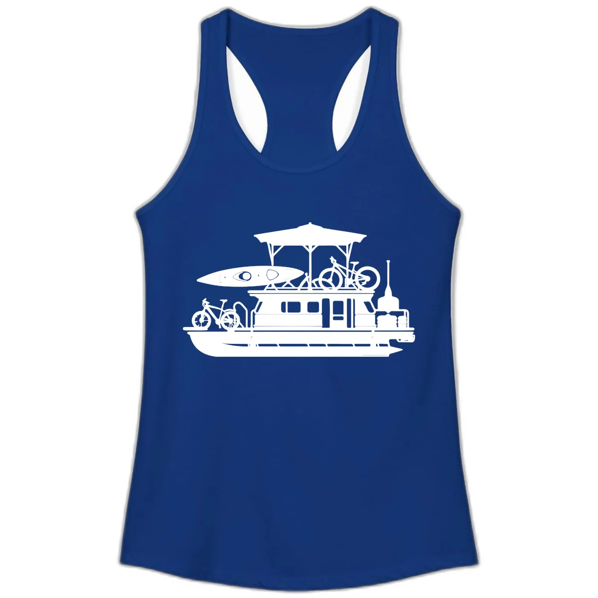 Pontoon Boat Adventure Lifestyle Ladies Tank in Solid Royal