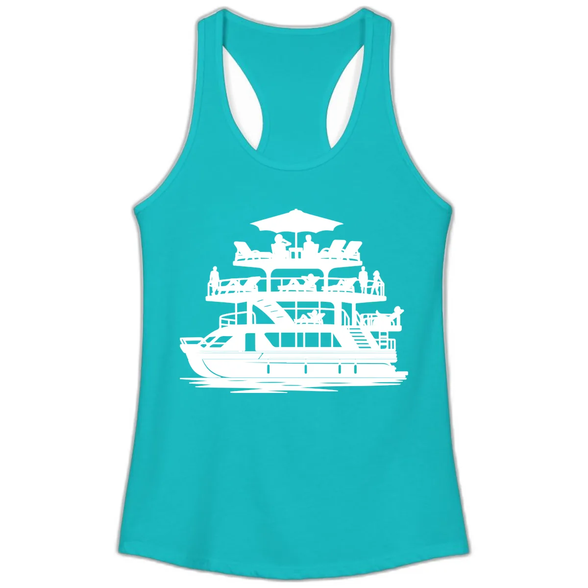 Pontoon Party People On Deck Ladies Tank in Tahiti Blue