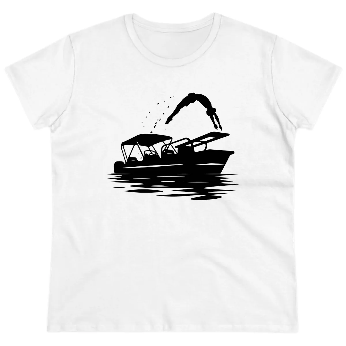 Diver Jumping Off Boat Ladies Tee in White