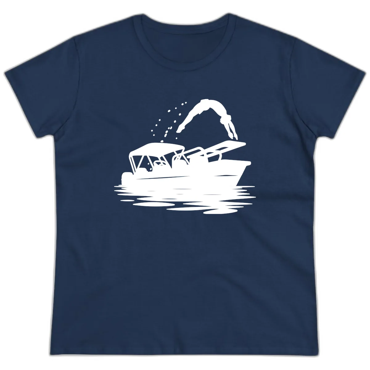 Diver Jumping Off Boat Ladies Tee in Navy