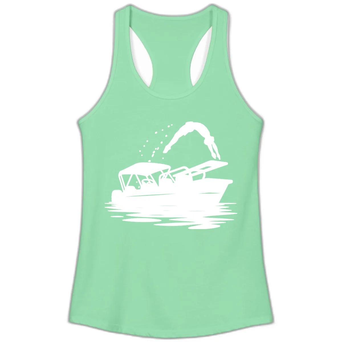 Diver Jumping Off Boat Ladies Tank in Solid Mint