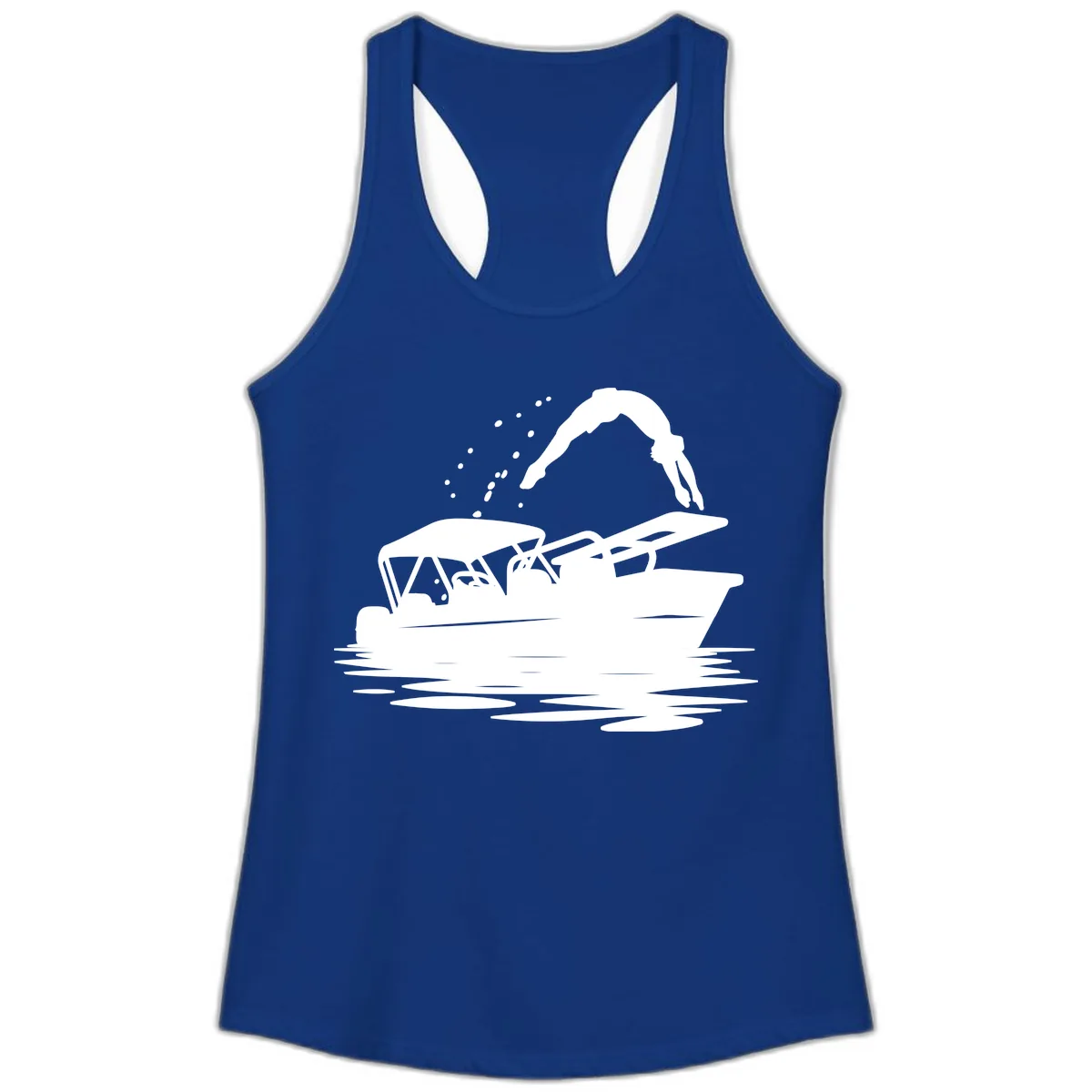 Diver Jumping Off Boat Ladies Tank in Solid Royal