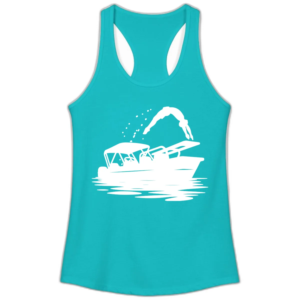 Diver Jumping Off Boat Ladies Tank in Tahiti Blue