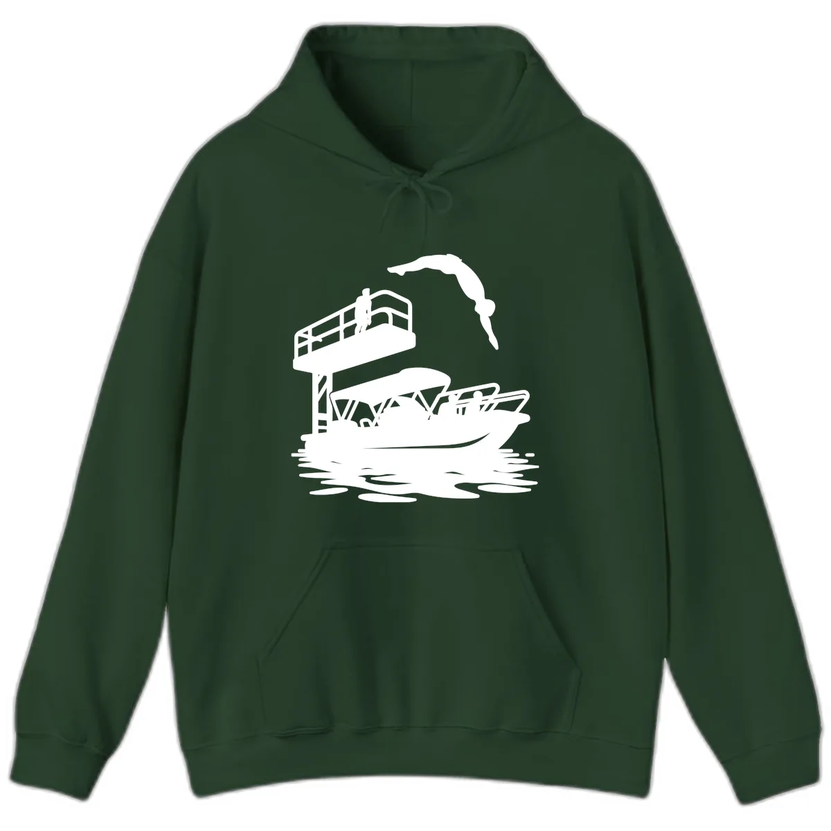 Diver Over Pontoon Boat Hoodie in Forest Green